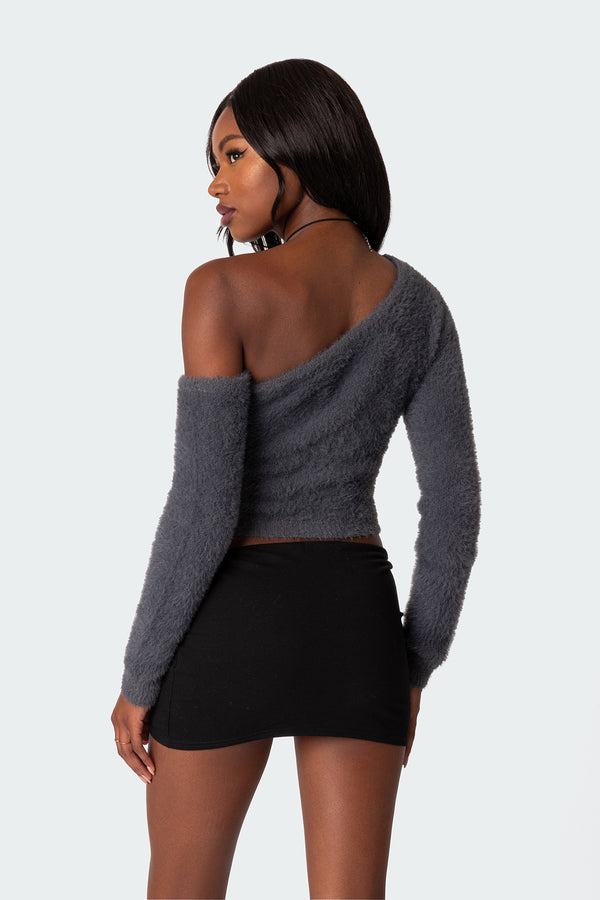Edikted Frannie One Shoulder Fuzzy Knit Top Gray