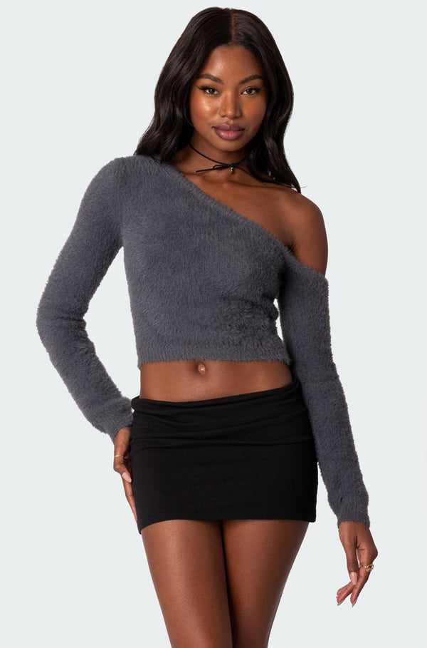 edikted Frannie One Shoulder Fuzzy Knit Top gray