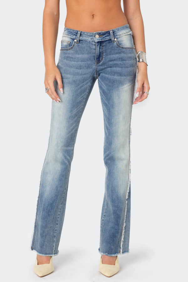 Edikted Frayed Seam Washed Flare Jeans Blue Washed