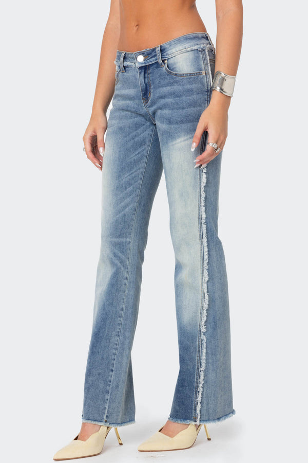 Edikted Frayed Seam Washed Flare Jeans Blue Washed