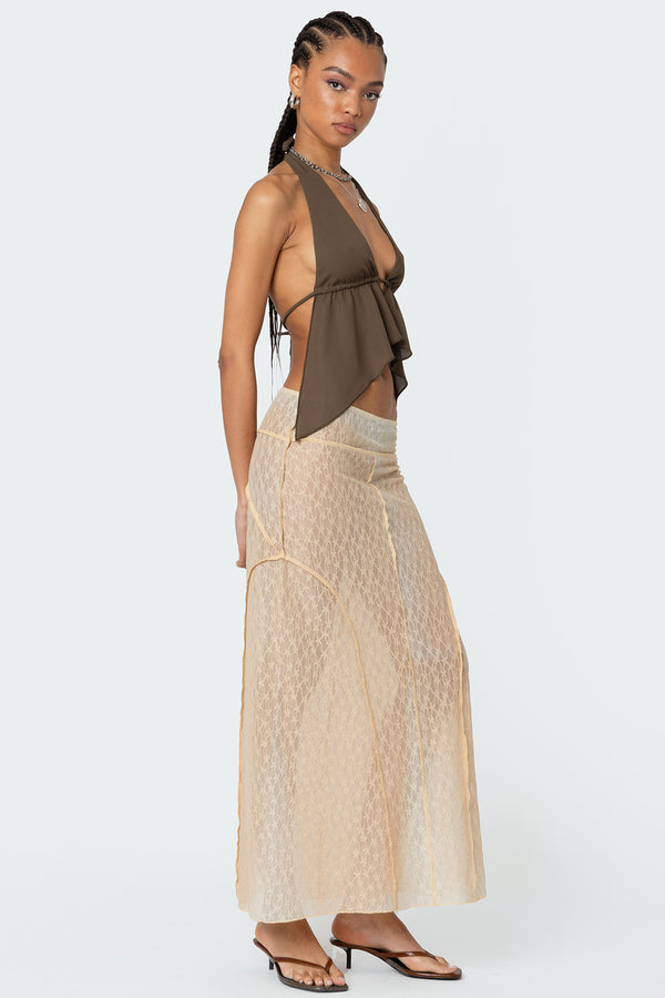 Edikted Freda Open Back Chiffon Top Olive