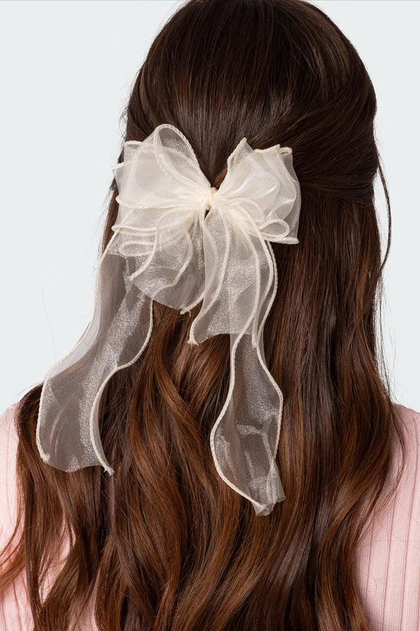 edikted Frilled Bow Hair Clip cream