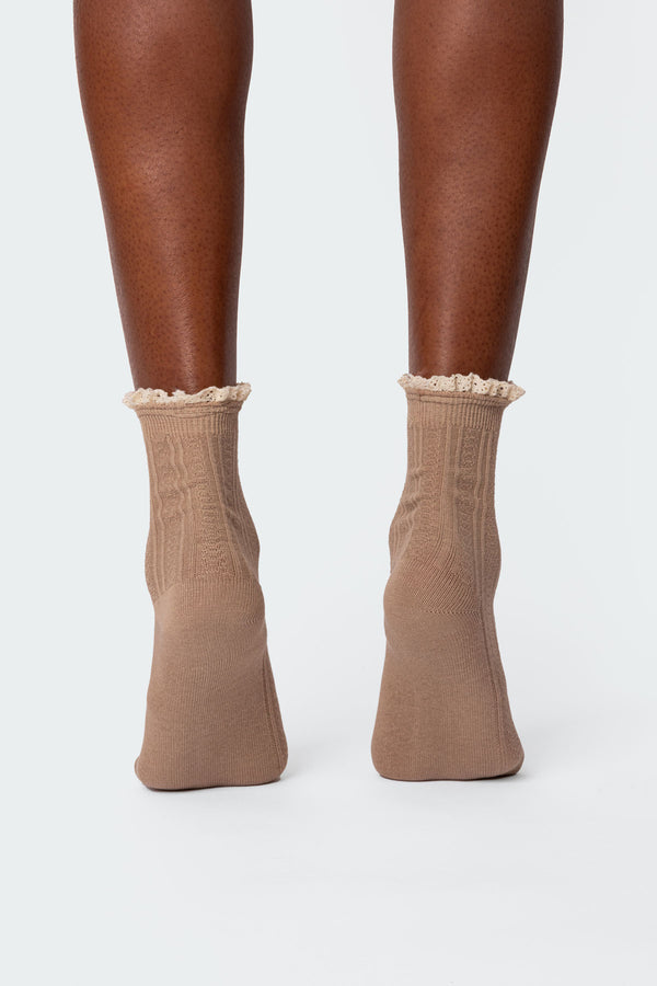Edikted Frilled Pointelle Socks Brown