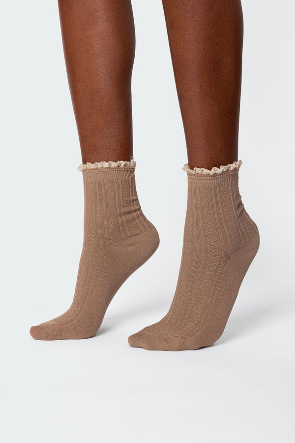 edikted Frilled Pointelle Socks brown
