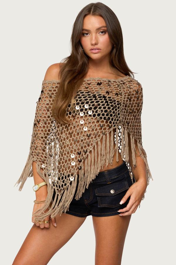 edikted Fringe Sequin Crochet Poncho tan