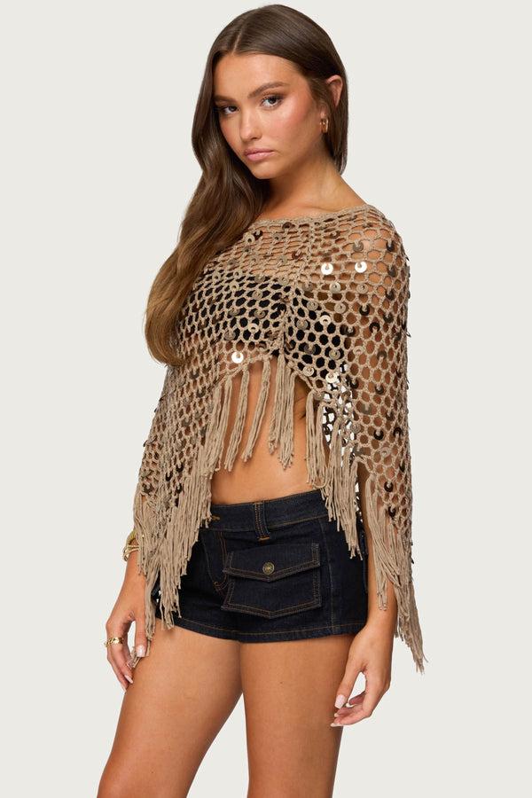 Edikted Fringe Sequin Crochet Poncho Tan