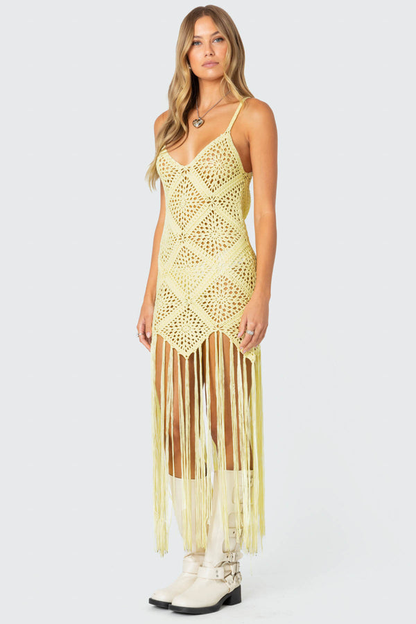 Edikted Fringey Crochet Maxi Dress Yellow