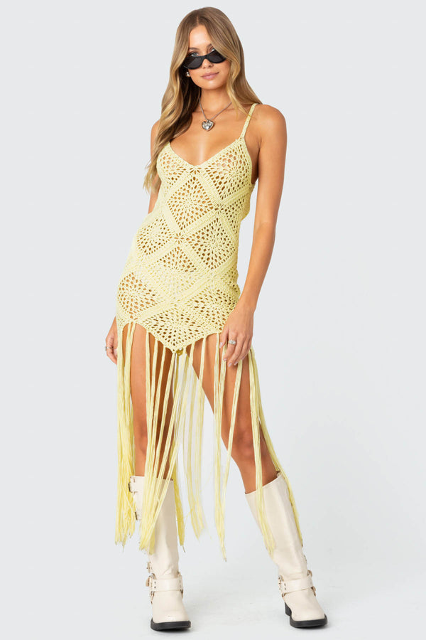 edikted Fringey Crochet Maxi Dress yellow
