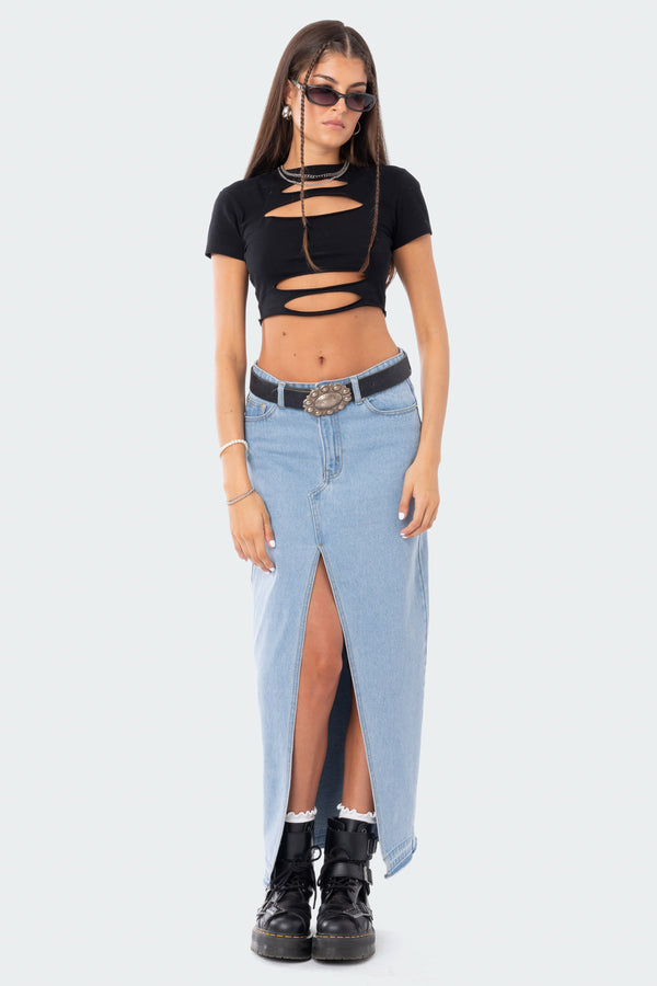 Edikted Front Slit Maxi Denim Skirt Blue