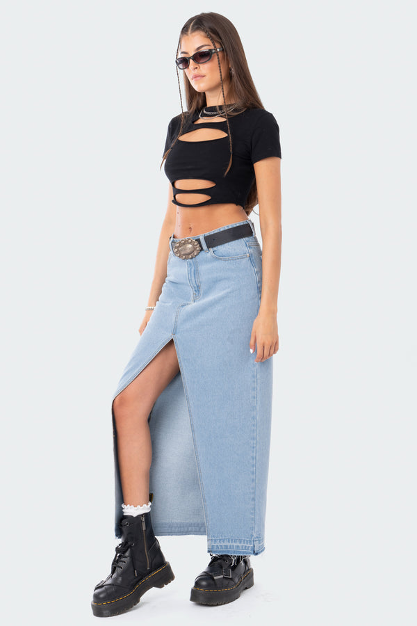 Edikted Front Slit Maxi Denim Skirt Blue