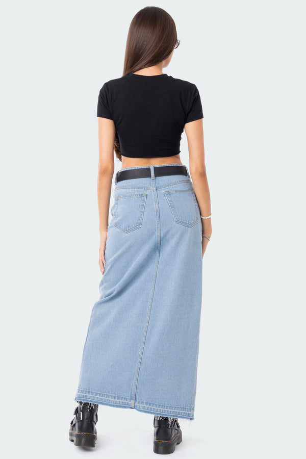 Edikted Front Slit Maxi Denim Skirt Blue