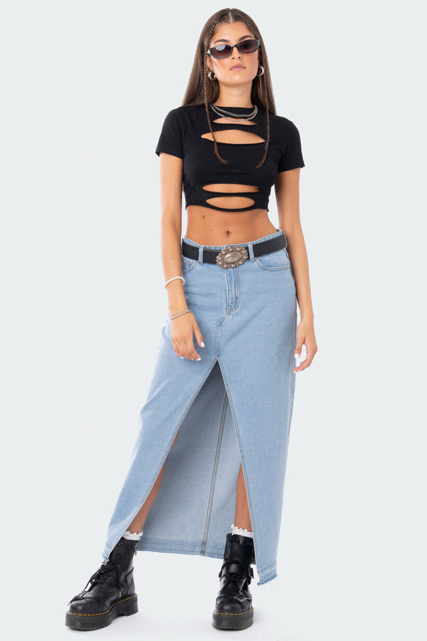 edikted Front Slit Maxi Denim Skirt blue