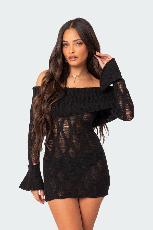 Edikted Gabby Fold Over Open Knit Mini Dress Black