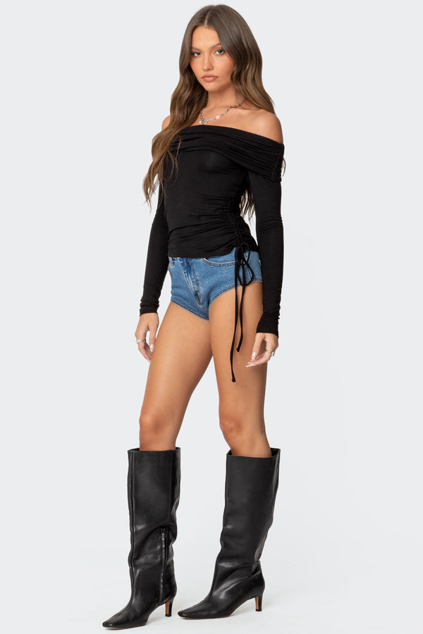Edikted Gathered Fold Over Drawstring Top Black