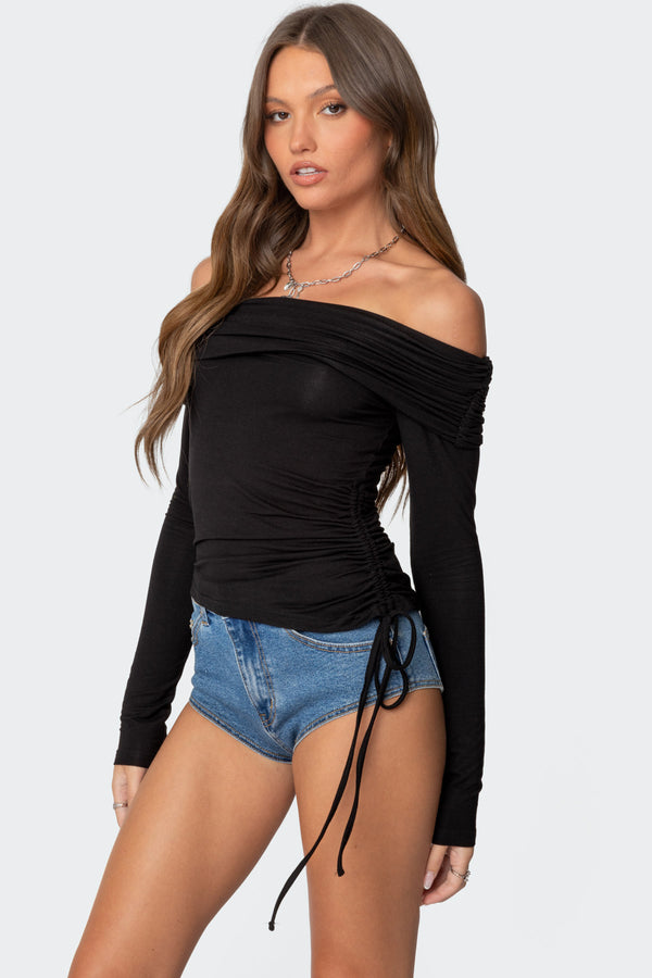 Edikted Gathered Fold Over Drawstring Top Black