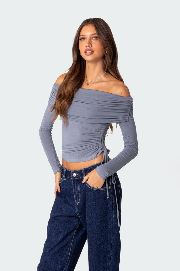 Edikted Gathered Fold Over Drawstring Top Blue