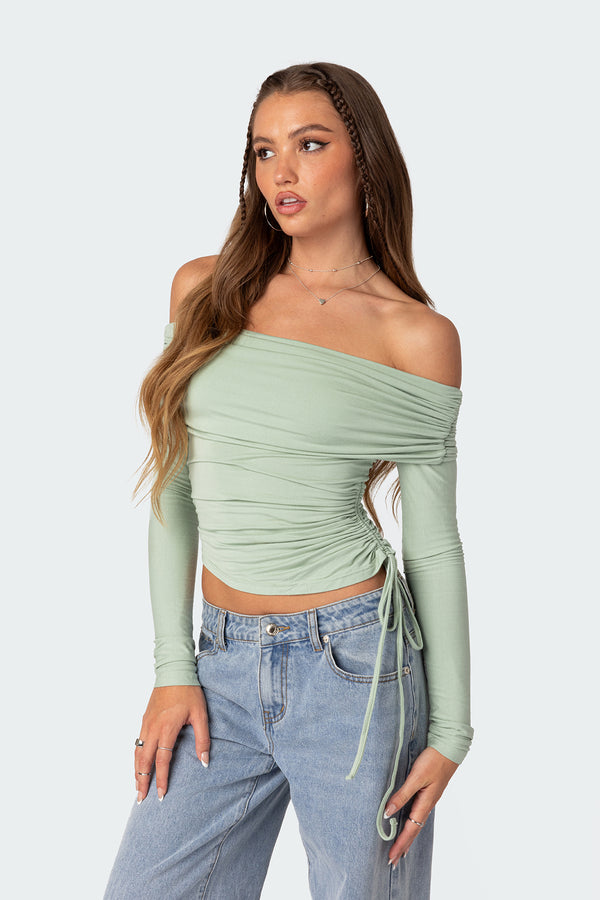 Edikted Gathered Fold Over Drawstring Top Green