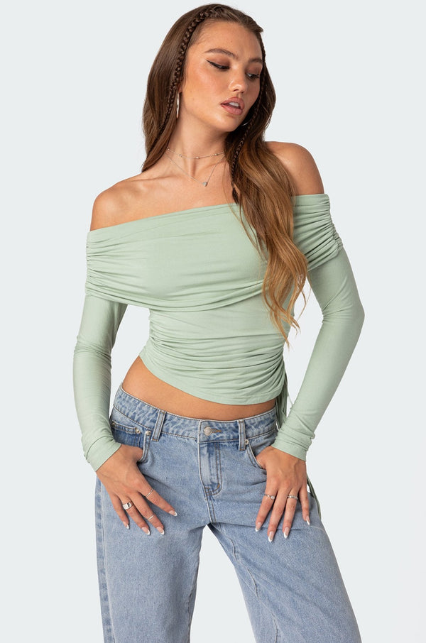 edikted Gathered Fold Over Drawstring Top green