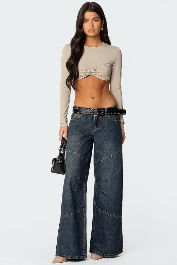 Edikted Gathered Long Sleeve Crop Top Beige