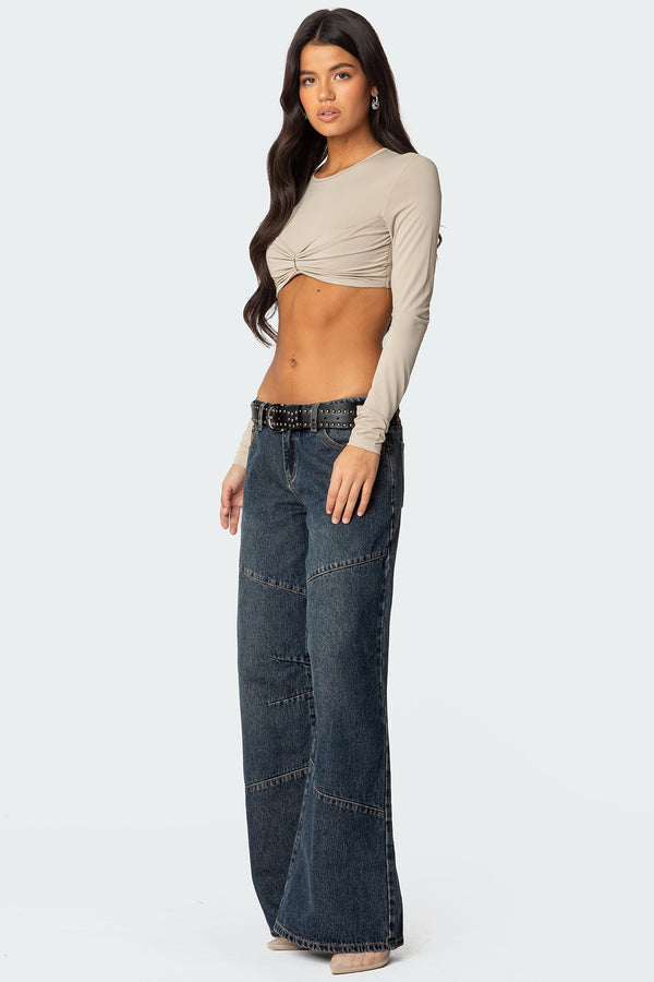 Edikted Gathered Long Sleeve Crop Top Beige