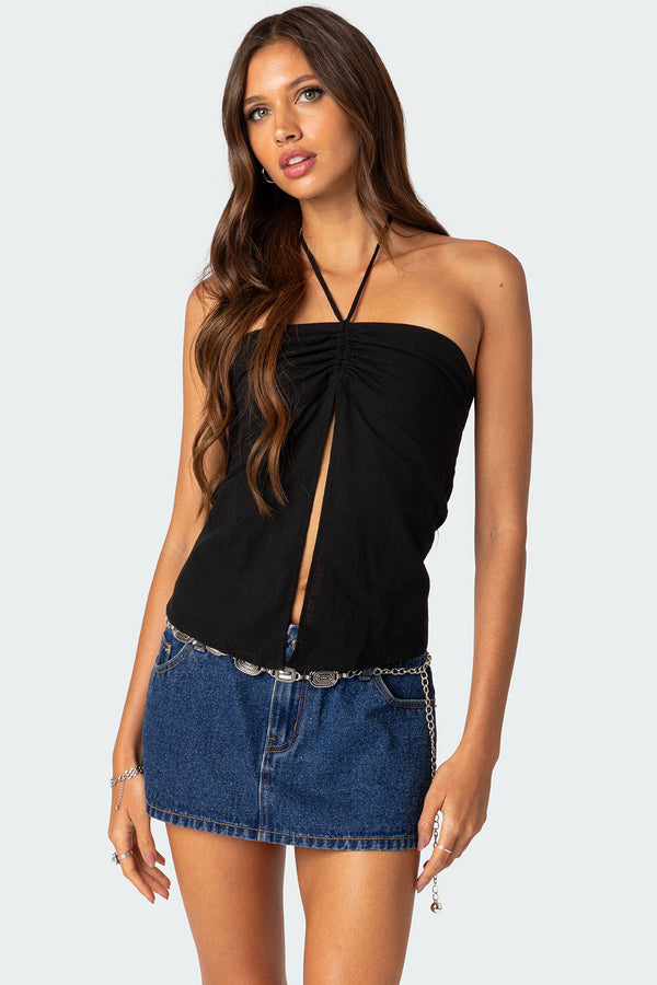edikted Gathered Split Front Top black