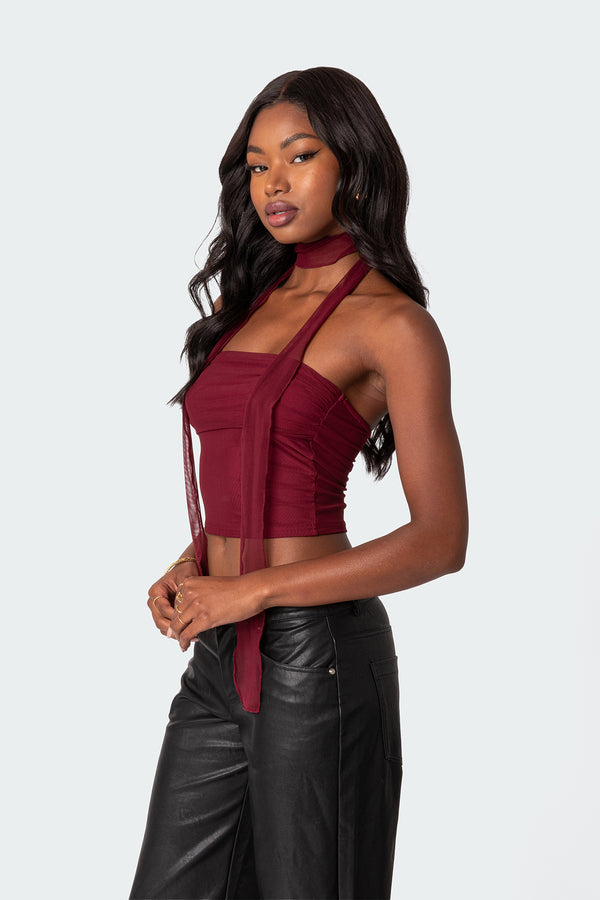 Edikted Gathered Two Piece Mesh Scarf Top Red
