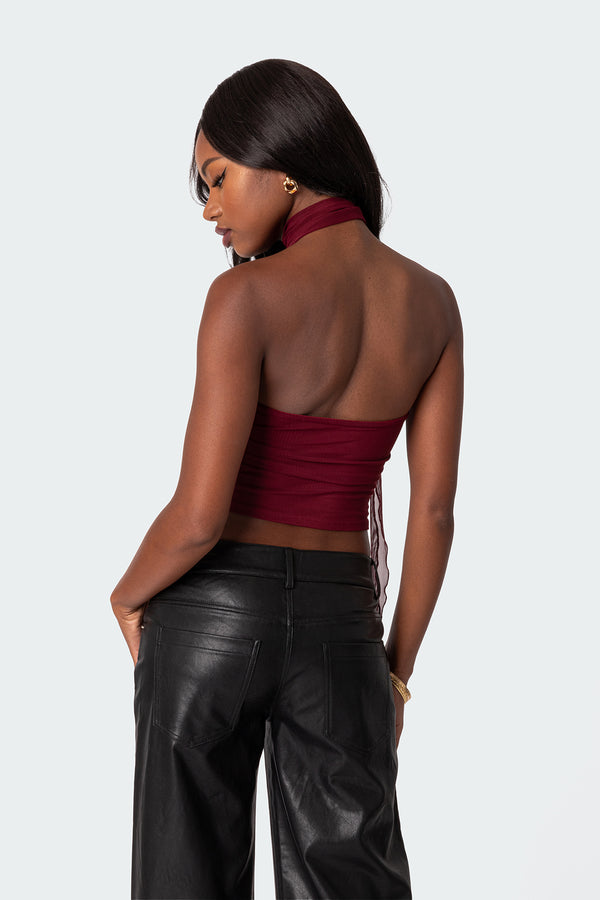 Edikted Gathered Two Piece Mesh Scarf Top Red