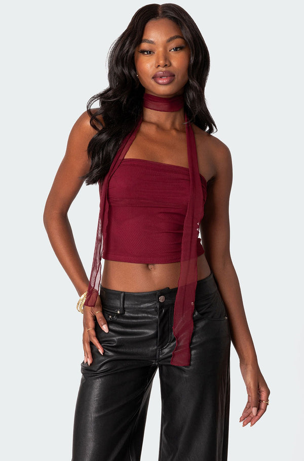 edikted Gathered Two Piece Mesh Scarf Top red
