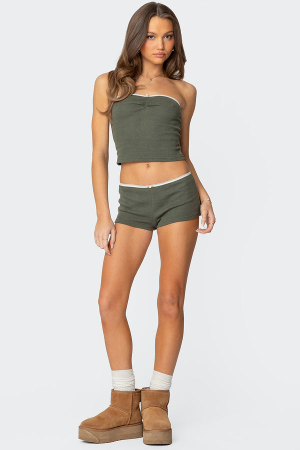 edikted Georgina Low Rise Waffle Shorts olive