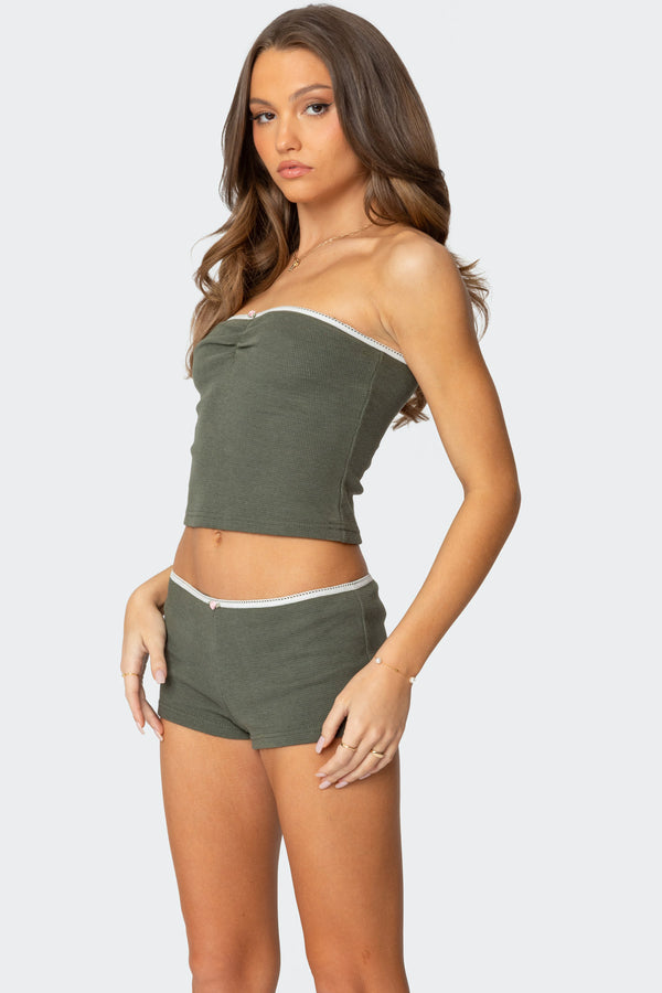 Edikted Georgina Waffle Tube Top Olive