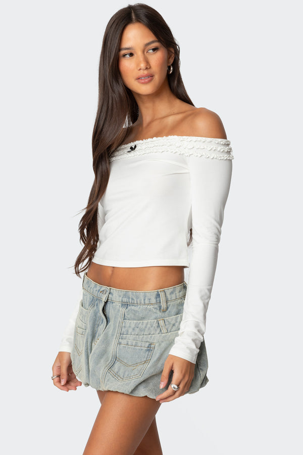 Edikted Gia Ruffled Off Shoulder Top White