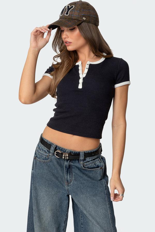 edikted Gillian Henley Waffle Top navy