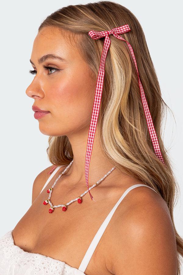Edikted Gingham Bow Hair Clip Set Red