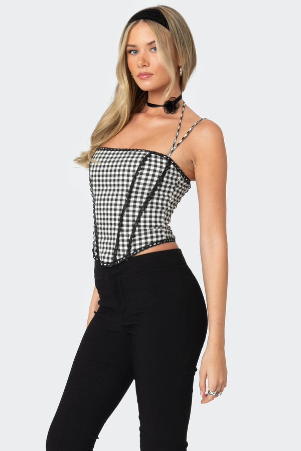 Edikted Gingham Lace Trim Corset Black And White