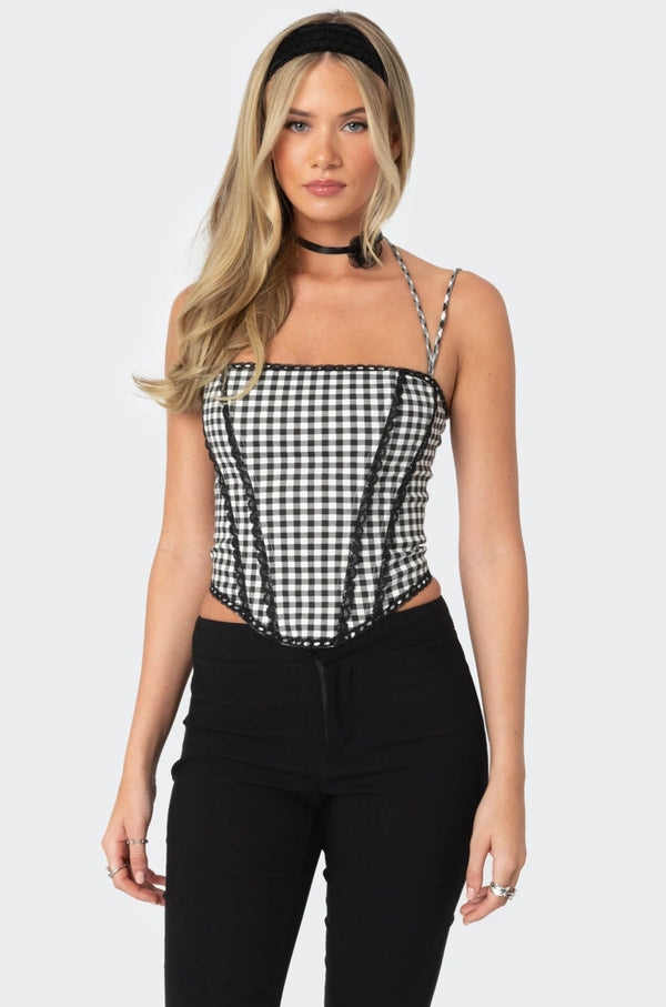edikted Gingham Lace Trim Corset black and white