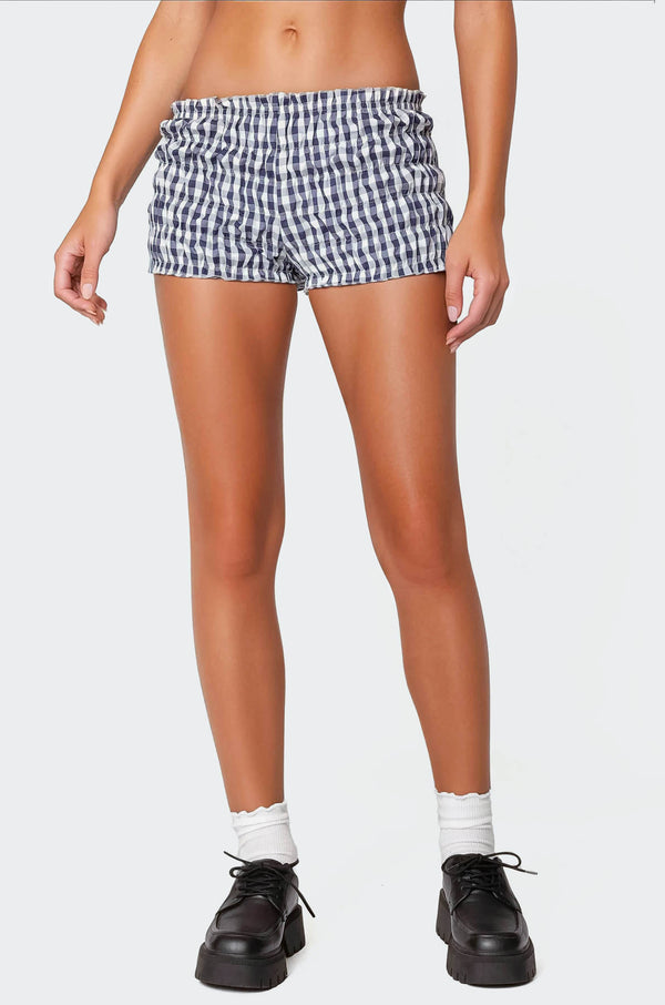 Edikted Gingham Scrunch Shorts Navy