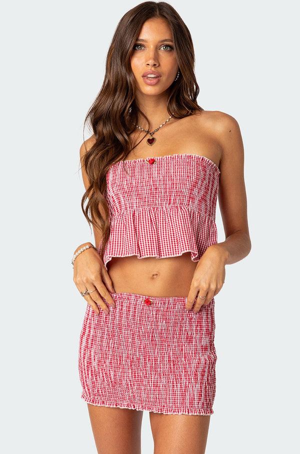 edikted Gingham Scrunch Tube Top red