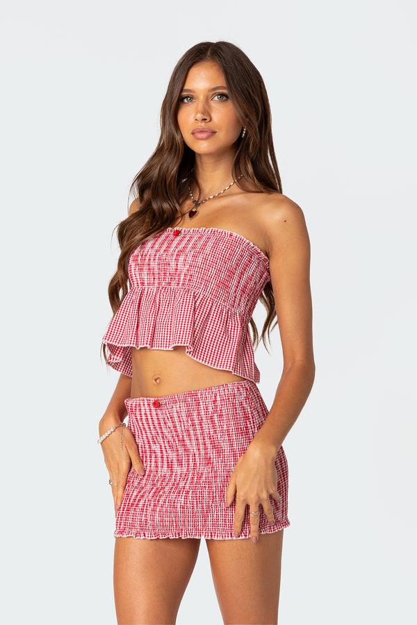 Edikted Gingham Scrunch Tube Top Red
