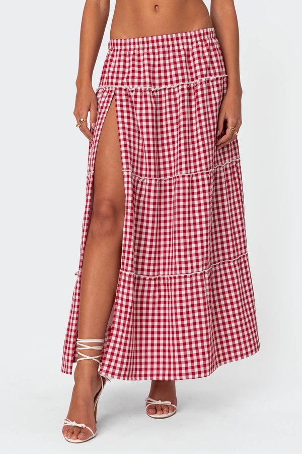 Edikted Gingham Side Slit Tiered Maxi Skirt Red