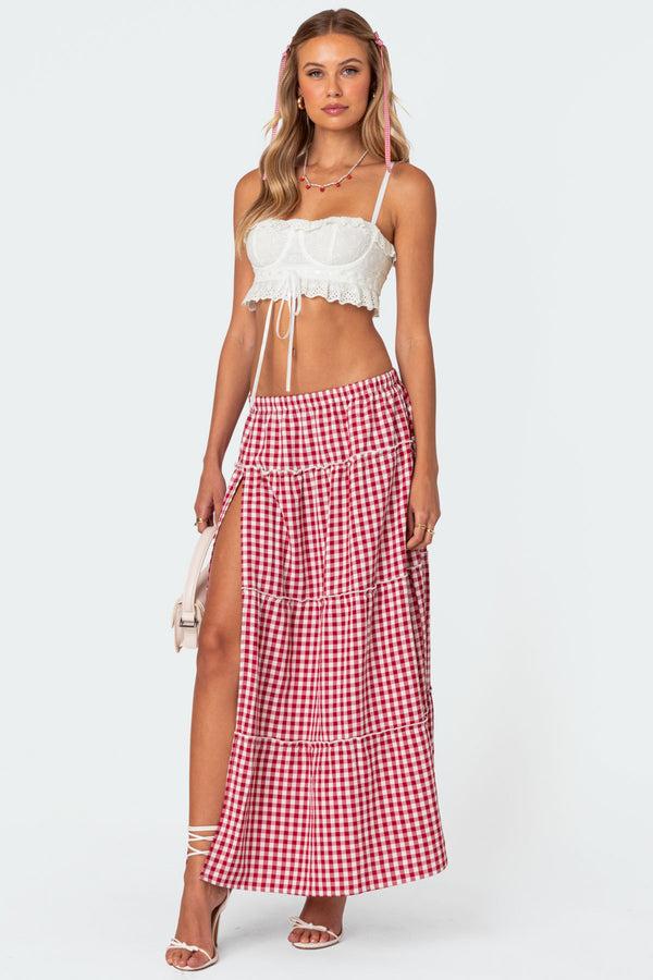 Edikted Gingham Side Slit Tiered Maxi Skirt Red