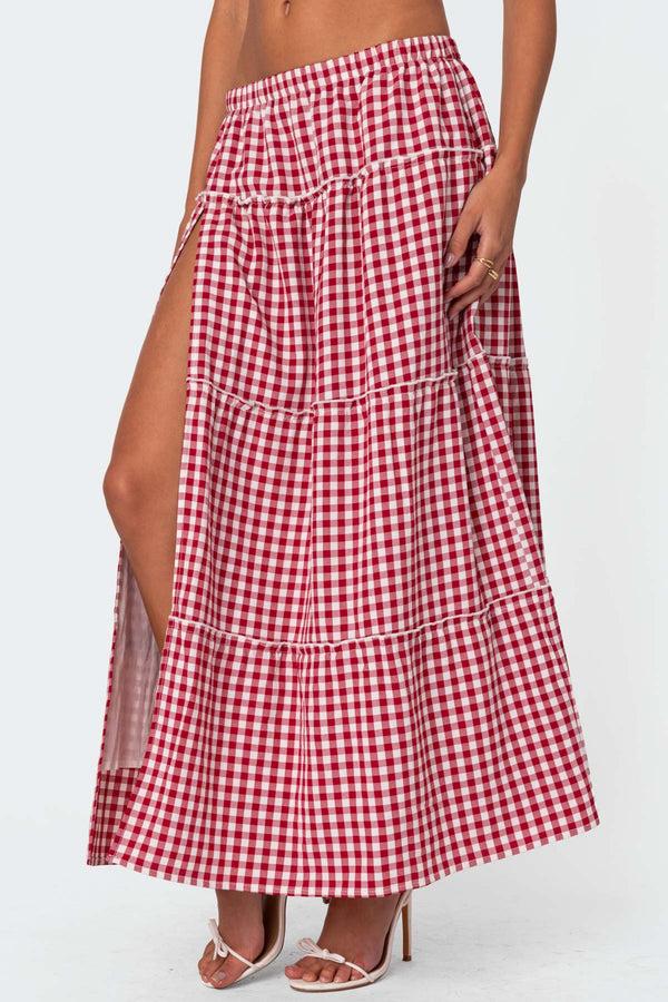 Edikted Gingham Side Slit Tiered Maxi Skirt Red
