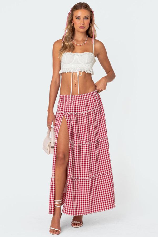 edikted Gingham Side Slit Tiered Maxi Skirt red