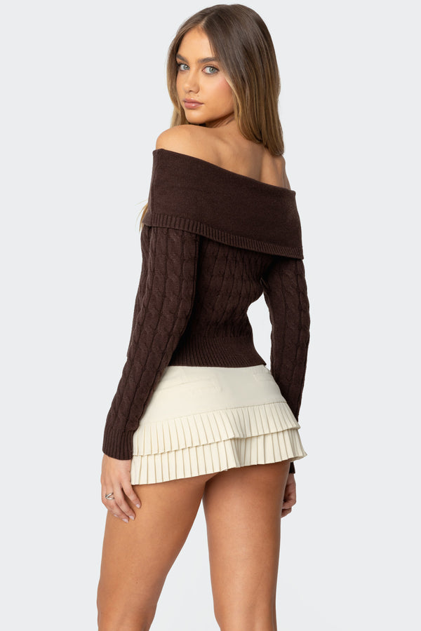 Edikted Glenn Fold Over Cable Knit Sweater Brown