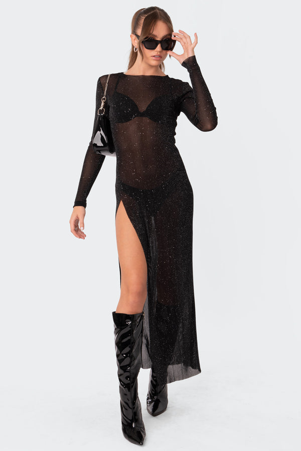 Edikted Glitter Mesh Slitted Maxi Dress Black