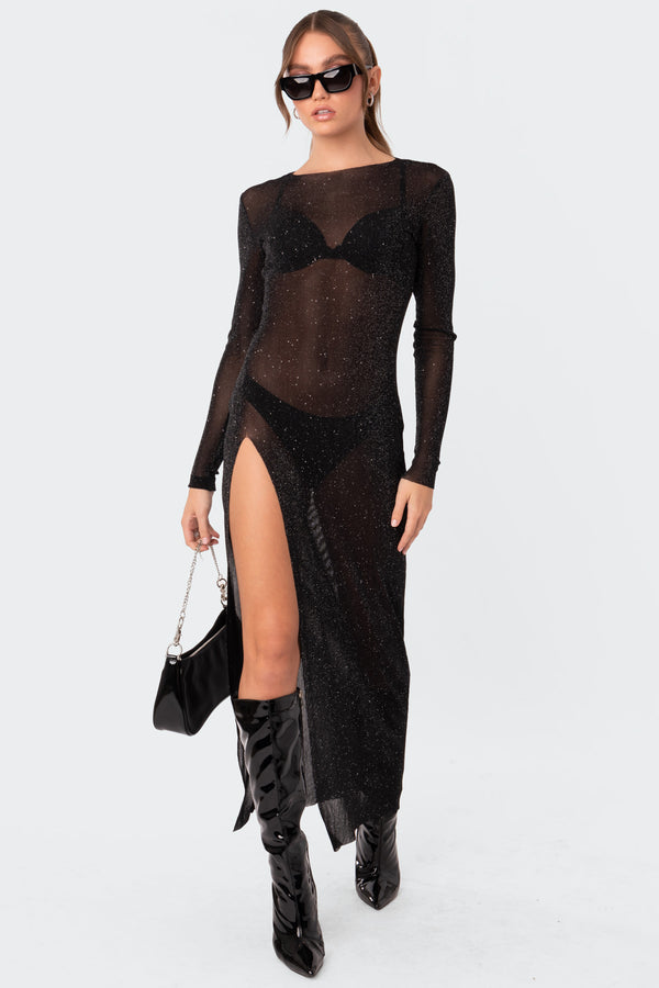 Edikted Glitter Mesh Slitted Maxi Dress Black