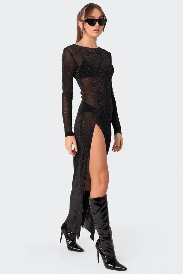 Edikted Glitter Mesh Slitted Maxi Dress Black