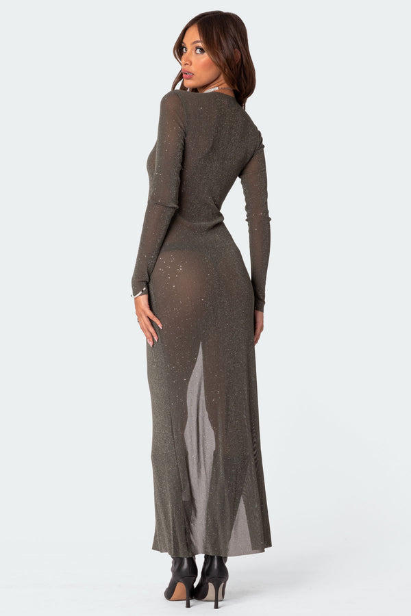 Edikted Glitter Mesh Slitted Maxi Dress Olive
