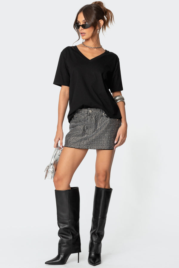 edikted Glitz Rhinestone Denim Mini Skirt silver