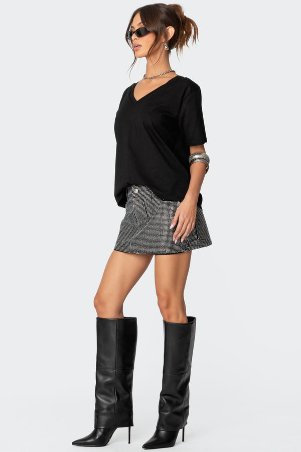 Edikted Glitz Rhinestone Denim Mini Skirt Silver