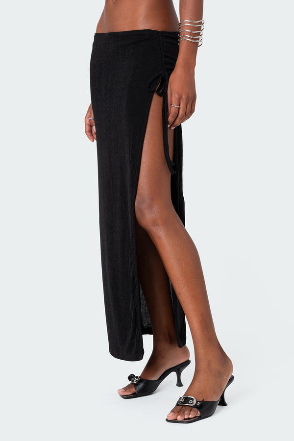Edikted Goldie Slitted Drawstring Maxi Skirt Black